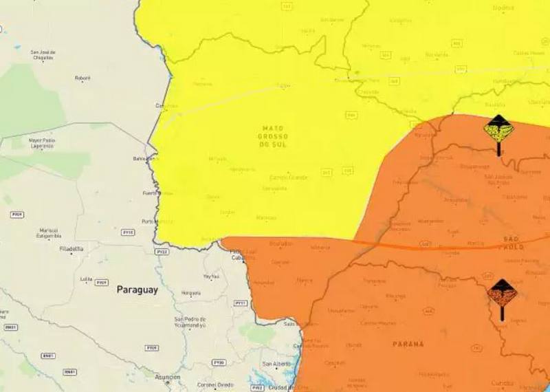 Áreas em amarelo e laranja indicam temporal em MS nesta segunda-feira ©Inmet